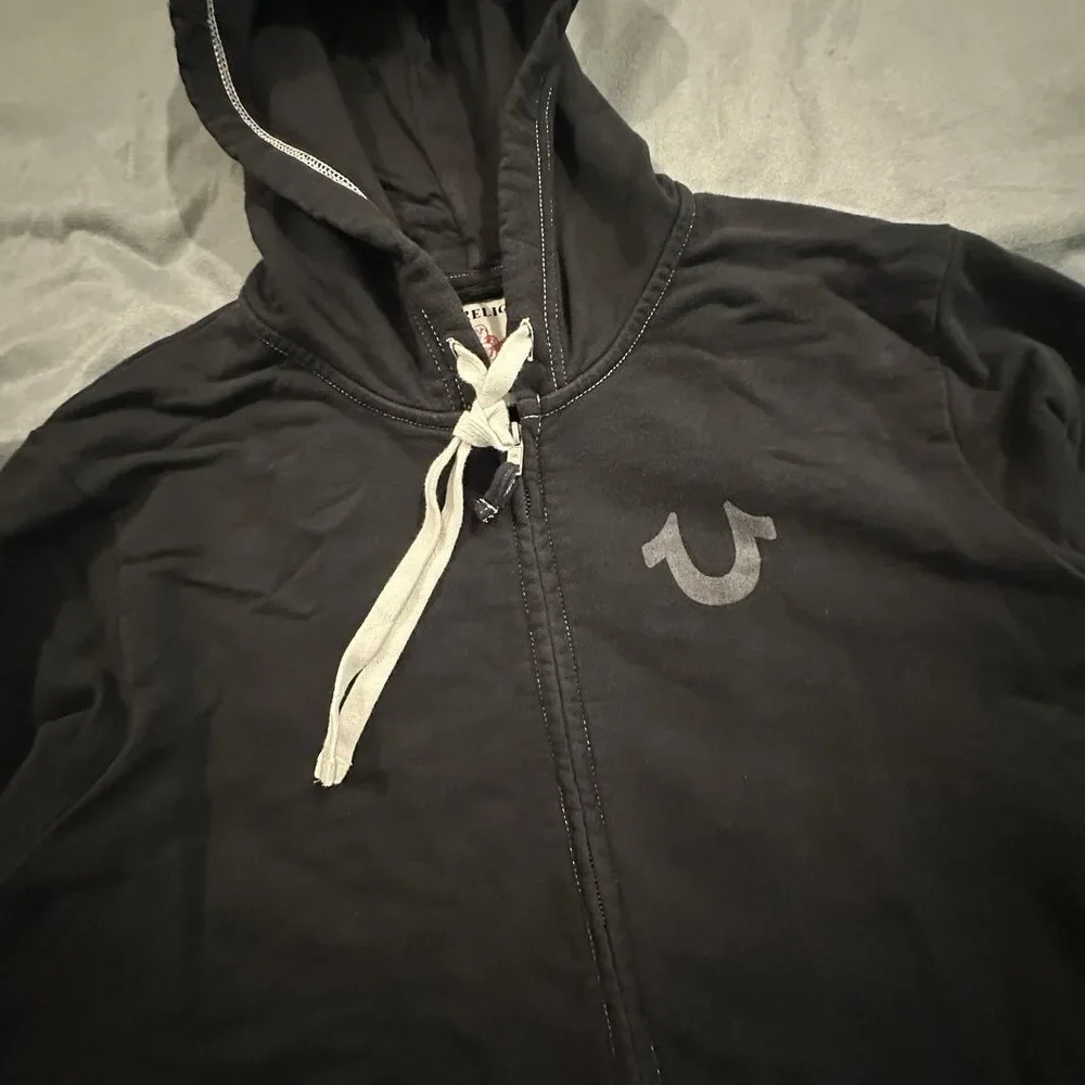 True Religion Hoodie World Tour Mens 2XL Full Zip Contrast Stitch Y2K Graphic